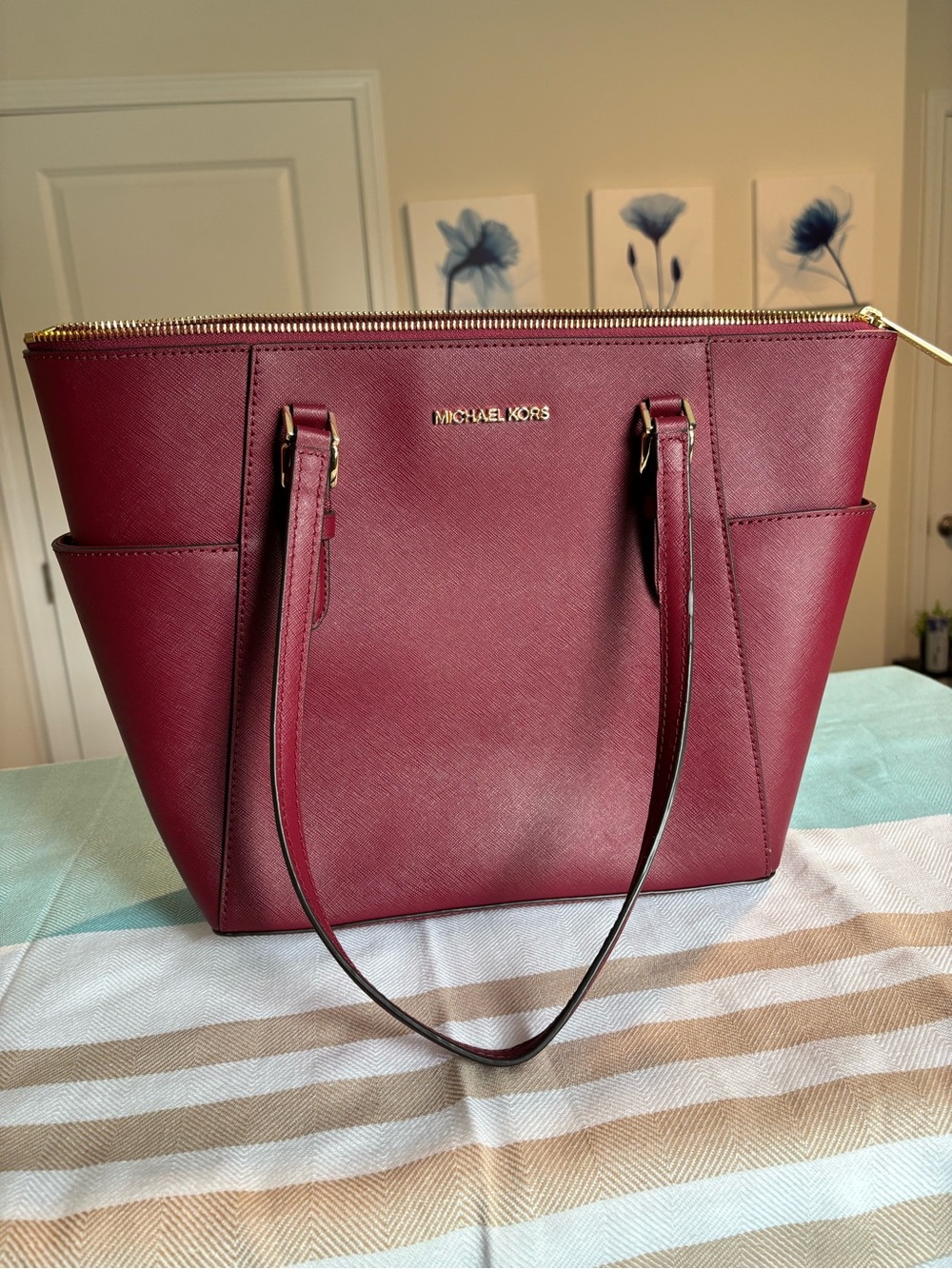 Michael Kors Charlotte Large Saffiano Leather Top Zip Tote Dark Cherry